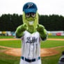 Portland Pickles Mascot pointing at camera with baseball field in the background